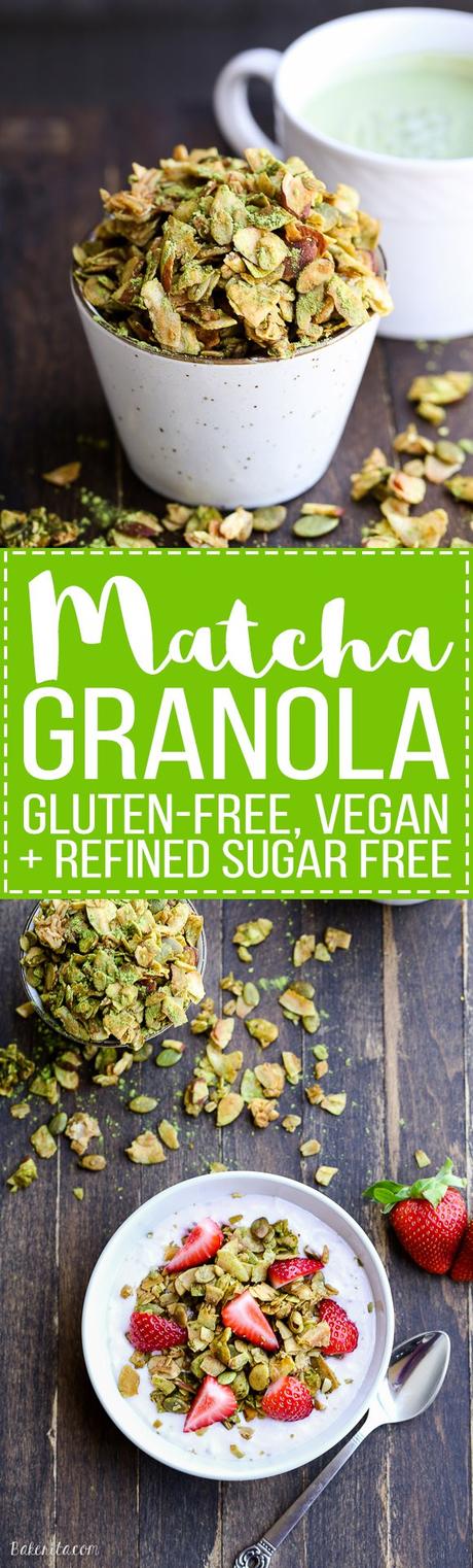 Matcha Granola (Gluten Free + Vegan) This Matcha Granola has clusters of oats, coconut flakes, almonds, and pepitas tossed with earthy matcha powder. Whether you enjoy it over yogurt or by the handful, this gluten free and vegan granola probably won't last long.