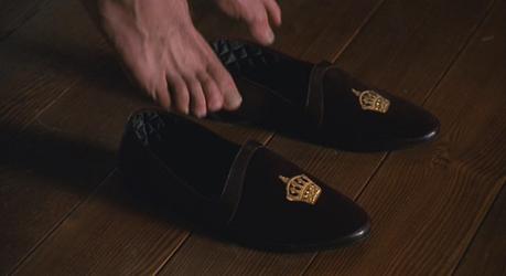 Leo’s Red Silk Robe in Miller’s Crossing Albert puts on his Albert slippers.