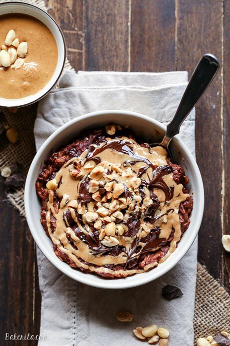 Chocolate Peanut Butter Oatmeal (Gluten Free, Refined Sugar Free + Vegan) This Chocolate Peanut Butter Oatmeal tastes like a peanut butter cup, but it's sweetened with just a ripe banana! You'll love to wake up to this gluten-free, refined sugar-free + vegan breakfast.