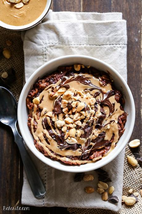 Chocolate Peanut Butter Oatmeal (Gluten Free, Refined Sugar Free + Vegan) This Chocolate Peanut Butter Oatmeal tastes like a peanut butter cup, but it's sweetened with just a ripe banana! You'll love to wake up to this gluten-free, refined sugar-free + vegan breakfast.