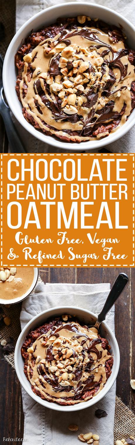 Chocolate Peanut Butter Oatmeal (Gluten Free, Refined Sugar Free + Vegan) This Chocolate Peanut Butter Oatmeal tastes like a peanut butter cup, but it's sweetened with just a ripe banana! You'll love to wake up to this gluten-free, refined sugar-free + vegan breakfast.