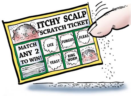 bogus scratch-off lottery ticket called itchy scalp match any two scalp diseases to win, lice, fungus, fleas, yeast, ringworm, fingertip scratching ticket