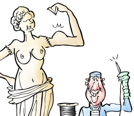 detail image Venus de Milo statue, doctor wearing scrubs with needle and thread has sown Venus's arms back on and she's striking a muscle pose