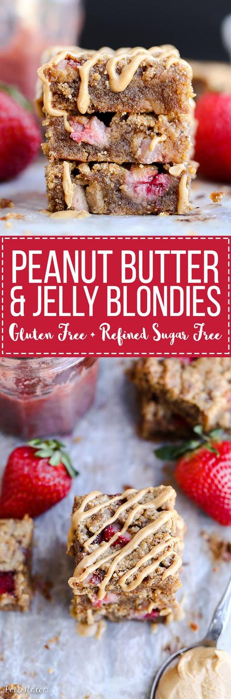 Peanut Butter & Jelly Blondies (Gluten Free + Refined Sugar Free) These Peanut Butter & Jelly Blondies are a super gooey and delicious way to enjoy this classic sandwich combo! These dessert bars are gluten-free, grain-free and refined sugar-free.