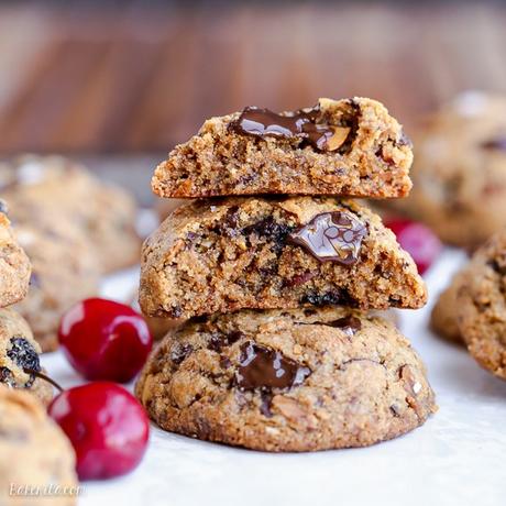 Paleo Cherry Almond Chocolate Chunk Cookies These Paleo Cherry Almond Chocolate Chunk Cookies are chewy, gooey, and absolutely delicious! These gluten-free and refined sugar-free cookies are loaded with toasted almonds, dried Bing cherries and dark chocolate chunks, sprinkled with flaky sea salt.