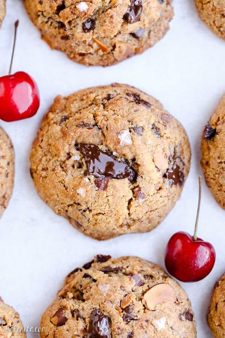 Paleo Cherry Almond Chocolate Chunk Cookies These Paleo Cherry Almond Chocolate Chunk Cookies are chewy, gooey, and absolutely delicious! These gluten-free and refined sugar-free cookies are loaded with toasted almonds, dried Bing cherries and dark chocolate chunks, sprinkled with flaky sea salt.