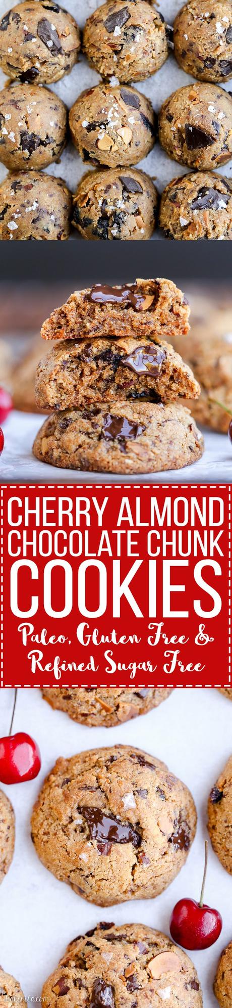 Paleo Cherry Almond Chocolate Chunk Cookies These Paleo Cherry Almond Chocolate Chunk Cookies are chewy, gooey, and absolutely delicious! These gluten-free and refined sugar-free cookies are loaded with toasted almonds, dried Bing cherries and dark chocolate chunks, sprinkled with flaky sea salt.