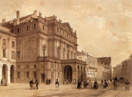 19th Century print of the plaza and La Scala Opera House, Milan