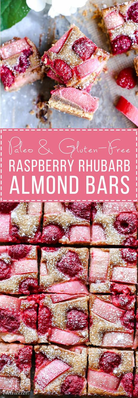 Raspberry Rhubarb Almond Bars (Gluten Free + Paleo) These Raspberry Rhubarb Almond Bars have an crisp almond-flour crust topped with soft almond frangipane, fresh raspberries, and tart rhubarb. This recipe is Paleo, gluten free + refined sugar free.