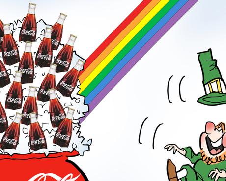 detail image leprechaun and pot of Coca-Cola at end of rainbow