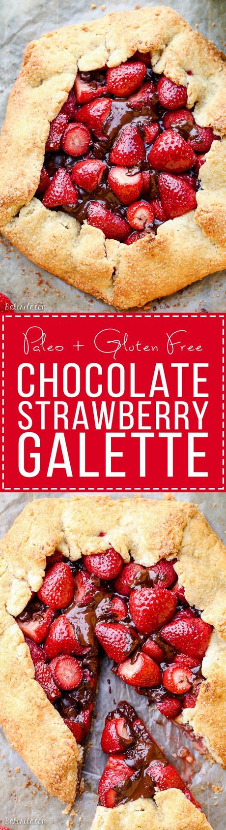 Chocolate Strawberry Galette (Gluten Free + Paleo) This rustic Chocolate Strawberry Galette will satisfy your sweet tooth guiltlessly! This simple Paleo dessert features fresh strawberries and dark chocolate chunks, folded into a flaky gluten-free crust.