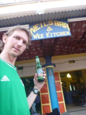 Staying at the Banana Lodge Apartments in Brufut Village, The Gambia 55 pence beer at Neil's Bar and Wee Kitchen