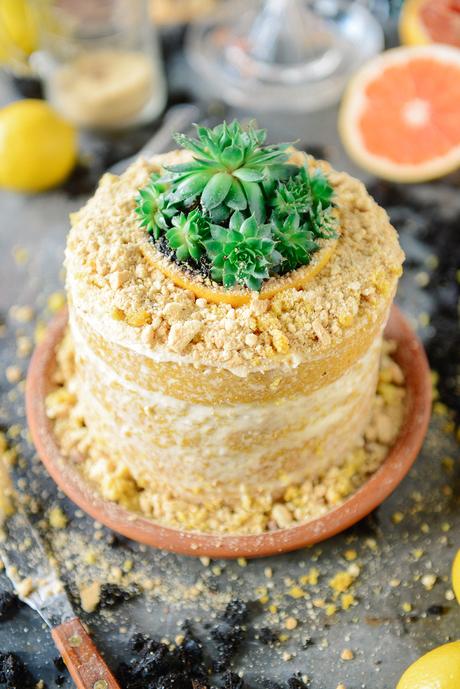 Desert Inspired Lemon, Ginger & Turmeric Cornmeal Layer Cake with Grapefruit Frosting & A Living Succulent // www.WithTheGrains.com