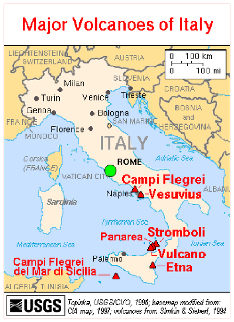 Volcanoes in Italy, all located in the south of the country.