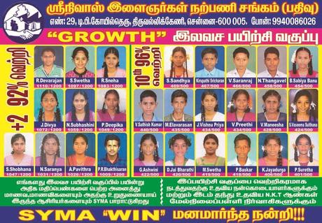poster hailing good performance of SYMA Growth students at Triplicane
