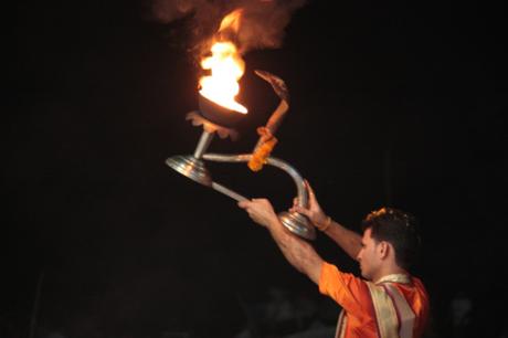 A Brahmin conducting the Ganga Aarti, a daily Hindu ceremony conducted on the Ganges
