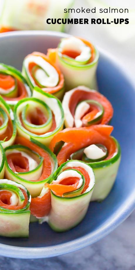 Smoked Salmon Cucumber Roll-ups These smoked salmon cucumber roll-ups are the perfect (healthier) last-minute party appetizer! Gluten-free, low carb and only 3 ingredients!