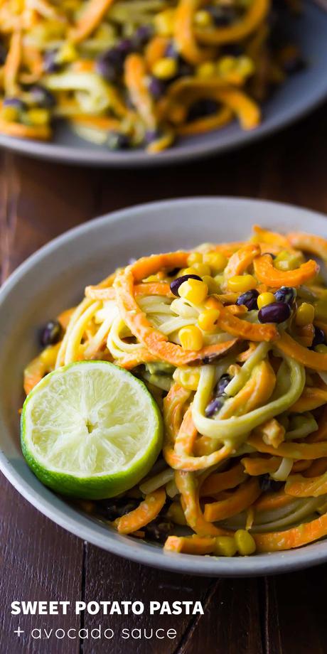 Sweet Potato Noodles with Black Beans and Creamy Avocado Sauce Sweet Potato Noodles with Black Beans and Creamy Avocado Sauce, an easy 30-minute vegan dinner recipe!