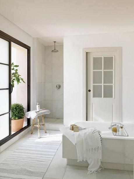 Create a staycation worthy home! Beautiful white and minimalist bathroom. Walk in shower and a huge bath!: