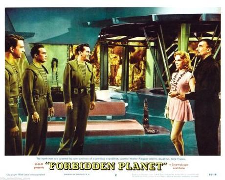 Lobby Card for Forbidden Planet: Adams, Ostrow (Warren Stevens), Farman, Alta & Morbius (Walter Pidgeon)