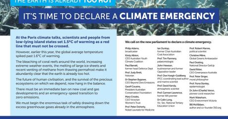 Scientists, business leaders and prominent Australians call for emergency climate action