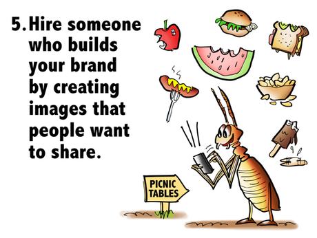 Hire someone who builds your brand by creating images that people want to share ant using mobile phone to send pictures of picnic foods to his friends apple hot dog hamburger watermelon sandwich potato chips melting ice cream