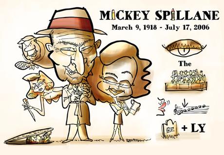 Birthday tribute caricature of author Mickey Spillane famous for his hardboiled detective novels featuring private eye Mike Hammer with rebus of book titles I The Jury and Kiss Me Deadly