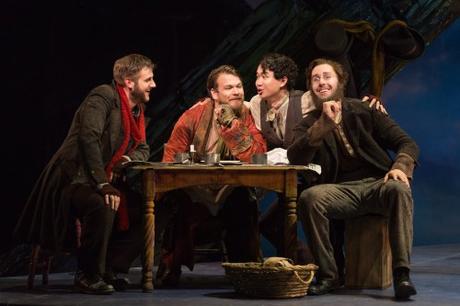 L to R: Michael Brandenburg as Rodolfo, Hunter Enoch as Marcello, Brian Vu as Schaunard and Ryhs Lloyd Talbot as Colline in The Glimmerglass Festival production of Puccini's 