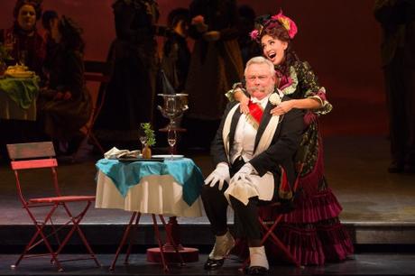 Dale Travis as Alcindoro and Vanessa Becerra as Musetta in The Glimmerglass Festival's production of Puccini's 