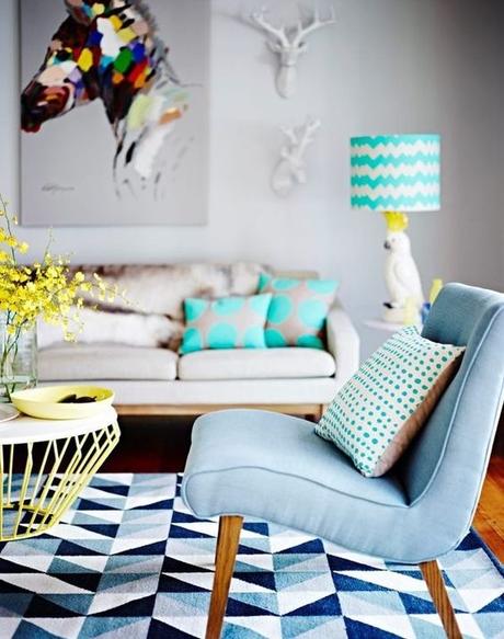This is my dream Lounge room, from the Mozi Cockatoo Lamp, Deer Heads and the Horse Canvas, everything just works, it's chic, and a bit kitsch. Just the right amount of colour, pattern and texture. ~Sarah Cockatoo lamp. I want one!: 