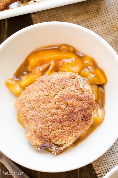 Peach Cobbler (Gluten Free, Paleo + Vegan) This Peach Cobbler has a crispy, fluffy topping with a simple peach filling - it's the most perfect summer dessert! This is a gluten-free, Paleo, and vegan treat that you don't want to miss.