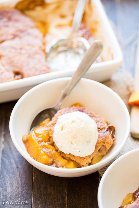 Peach Cobbler (Gluten Free, Paleo + Vegan) This Peach Cobbler has a crispy, fluffy topping with a simple peach filling - it's the most perfect summer dessert! This is a gluten-free, Paleo, and vegan treat that you don't want to miss.