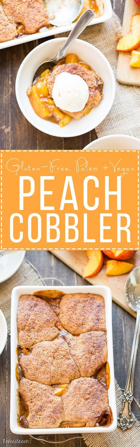 Peach Cobbler (Gluten Free, Paleo + Vegan) This Peach Cobbler has a crispy, fluffy topping with a simple peach filling - it's the most perfect summer dessert! This is a gluten-free, Paleo, and vegan treat that you don't want to miss.
