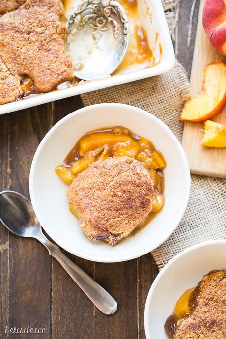 Peach Cobbler (Gluten Free, Paleo + Vegan) This Peach Cobbler has a crispy, fluffy topping with a simple peach filling - it's the most perfect summer dessert! This is a gluten-free, Paleo, and vegan treat that you don't want to miss.