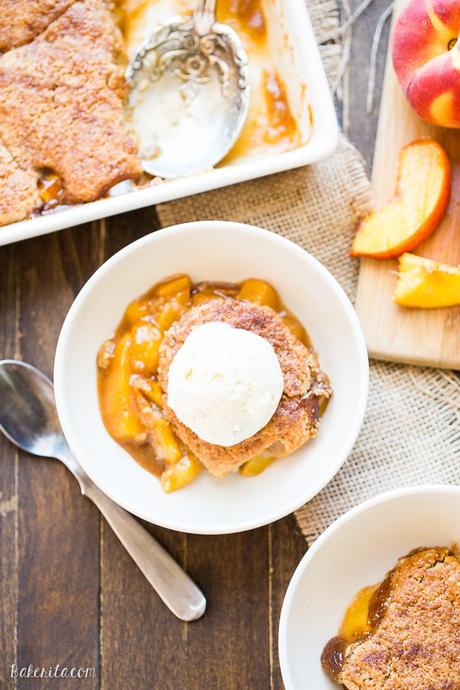 Peach Cobbler (Gluten Free, Paleo + Vegan) This Peach Cobbler has a crispy, fluffy topping with a simple peach filling - it's the most perfect summer dessert! This is a gluten-free, Paleo, and vegan treat that you don't want to miss.