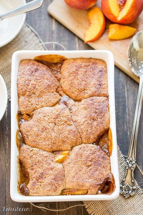 Peach Cobbler (Gluten Free, Paleo + Vegan) This Peach Cobbler has a crispy, fluffy topping with a simple peach filling - it's the most perfect summer dessert! This is a gluten-free, Paleo, and vegan treat that you don't want to miss.