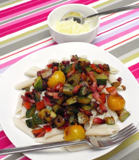 The first 2 green courgettes turned into a lovely pasta dinner! Ready to devour!