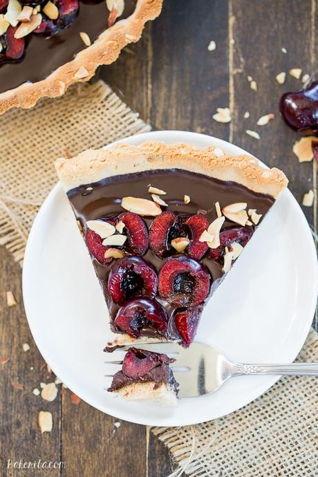 Chocolate Cherry Tart with Toasted Almond Crust (Gluten Free, Paleo + Vegan) This Chocolate Cherry Tart has a toasted almond shortbread crust filled with silky chocolate ganache and fresh cherries! This gluten-free, Paleo, and vegan dessert is incredibly rich and comes together quickly.