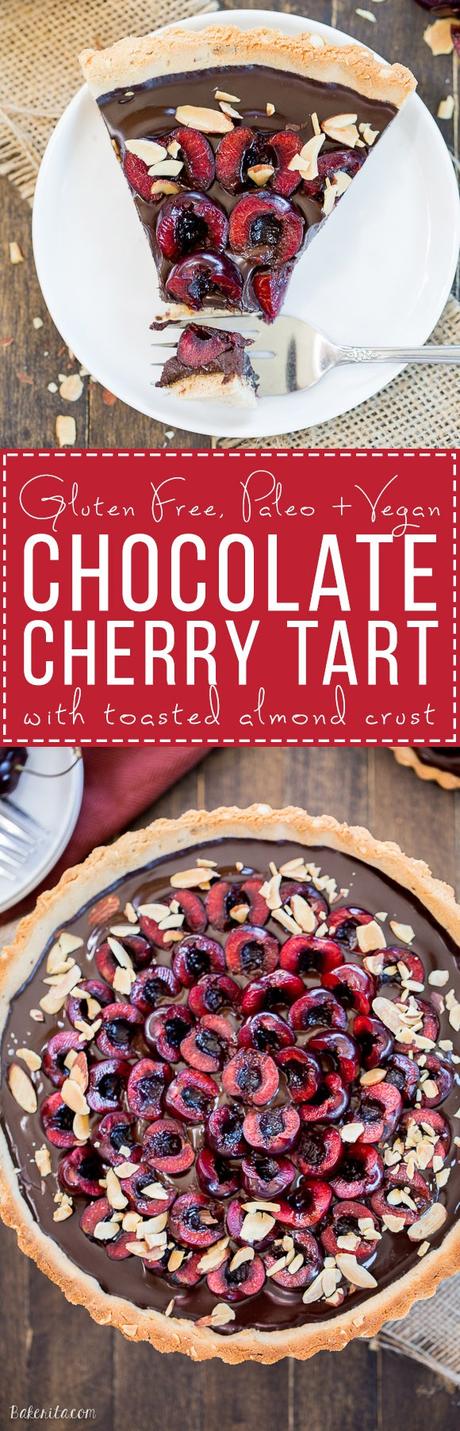 Chocolate Cherry Tart with Toasted Almond Crust (Gluten Free, Paleo + Vegan) This Chocolate Cherry Tart has a toasted almond shortbread crust filled with silky chocolate ganache and fresh cherries! This gluten-free, Paleo, and vegan dessert is incredibly rich and comes together quickly.