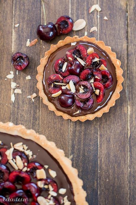 Chocolate Cherry Tart with Toasted Almond Crust (Gluten Free, Paleo + Vegan) This Chocolate Cherry Tart has a toasted almond shortbread crust filled with silky chocolate ganache and fresh cherries! This gluten-free, Paleo, and vegan dessert is incredibly rich and comes together quickly.