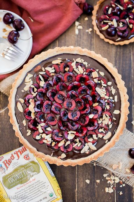 Chocolate Cherry Tart with Toasted Almond Crust (Gluten Free, Paleo + Vegan) This Chocolate Cherry Tart has a toasted almond shortbread crust filled with silky chocolate ganache and fresh cherries! This gluten-free, Paleo, and vegan dessert is incredibly rich and comes together quickly.