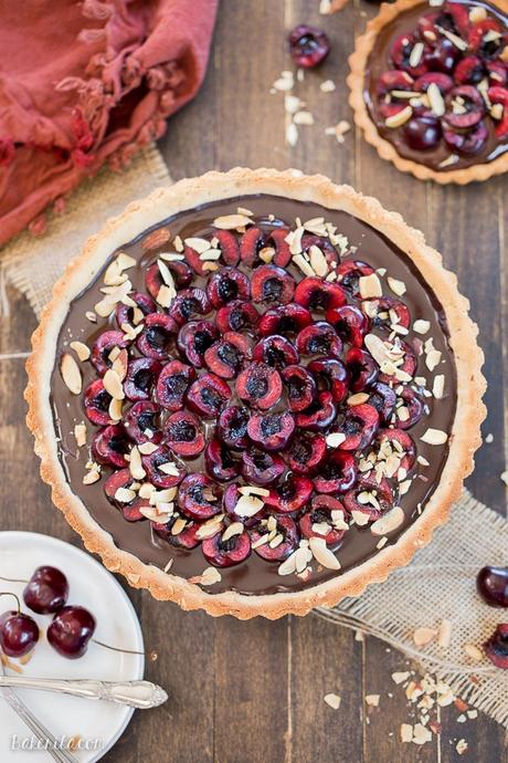 Chocolate Cherry Tart with Toasted Almond Crust (Gluten Free, Paleo + Vegan) This Chocolate Cherry Tart has a toasted almond shortbread crust filled with silky chocolate ganache and fresh cherries! This gluten-free, Paleo, and vegan dessert is incredibly rich and comes together quickly.
