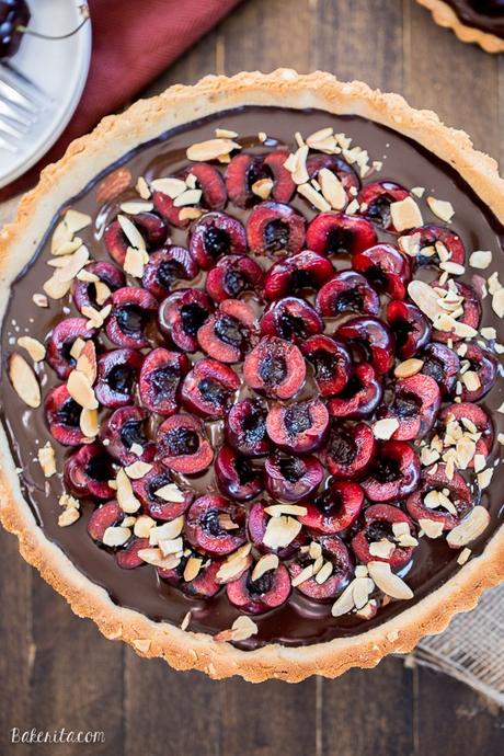 Chocolate Cherry Tart with Toasted Almond Crust (Gluten Free, Paleo + Vegan) This Chocolate Cherry Tart has a toasted almond shortbread crust filled with silky chocolate ganache and fresh cherries! This gluten-free, Paleo, and vegan dessert is incredibly rich and comes together quickly.