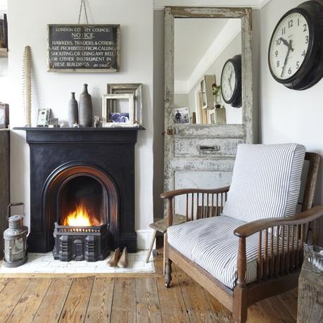 Rustic living room with a clever mirror idea - the mirror made from recycled door. mirror made from door