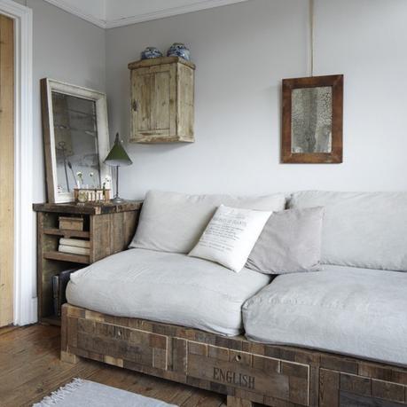 Rustic living room design idea: custom made sofa made from recycled fruit crates. sofa made from crates