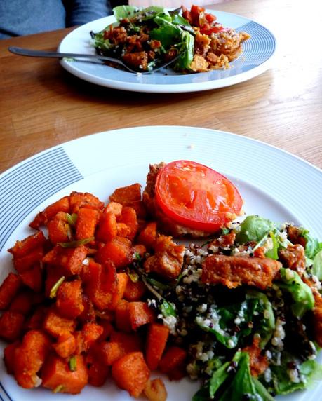 Southwest Peanut Sweet Potatoes, Quinoa Ceasar Salad and Tomato Tarts