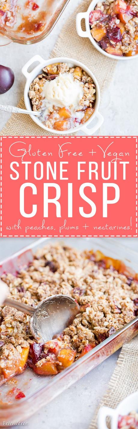 Summer Stone Fruit Crisp (Gluten Free + Vegan) This Summer Stone Fruit Crisp features lightly sweetened peaches, plums, and nectarines topped with a oatmeal pecan crumble topping. This gluten-free and vegan dessert showcases the best of summer!