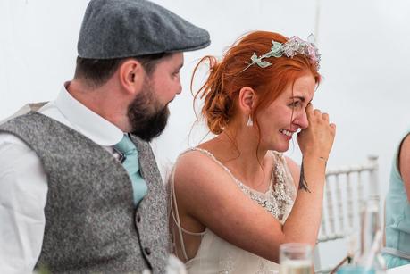 Rustic Wedding with Adam + Jaclyn bride crying at the best mans speech