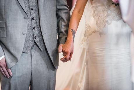 Rustic Wedding with Adam + Jaclyn wedding couple holding hands