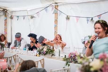 Rustic Wedding with Adam + Jaclyn bride shouting to the wedding party